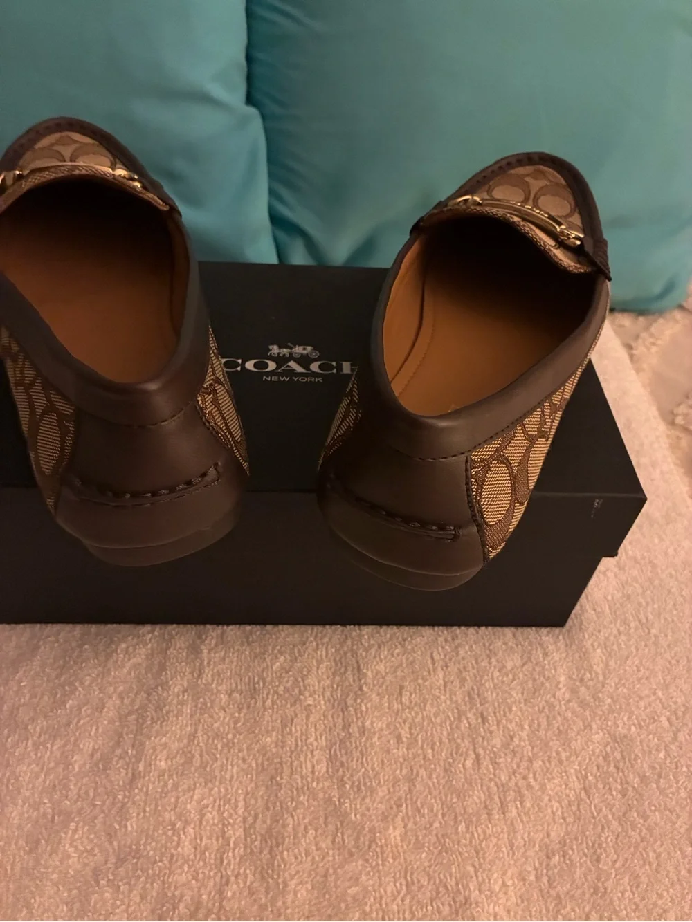 NIB Coach Brown Signature Canvas Loafers with Gold Accent slip-on, original box